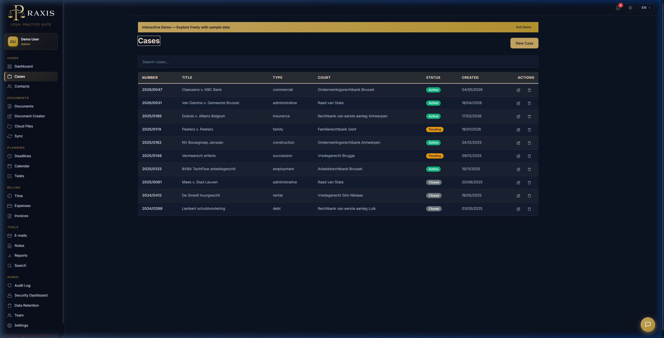 Cases list view