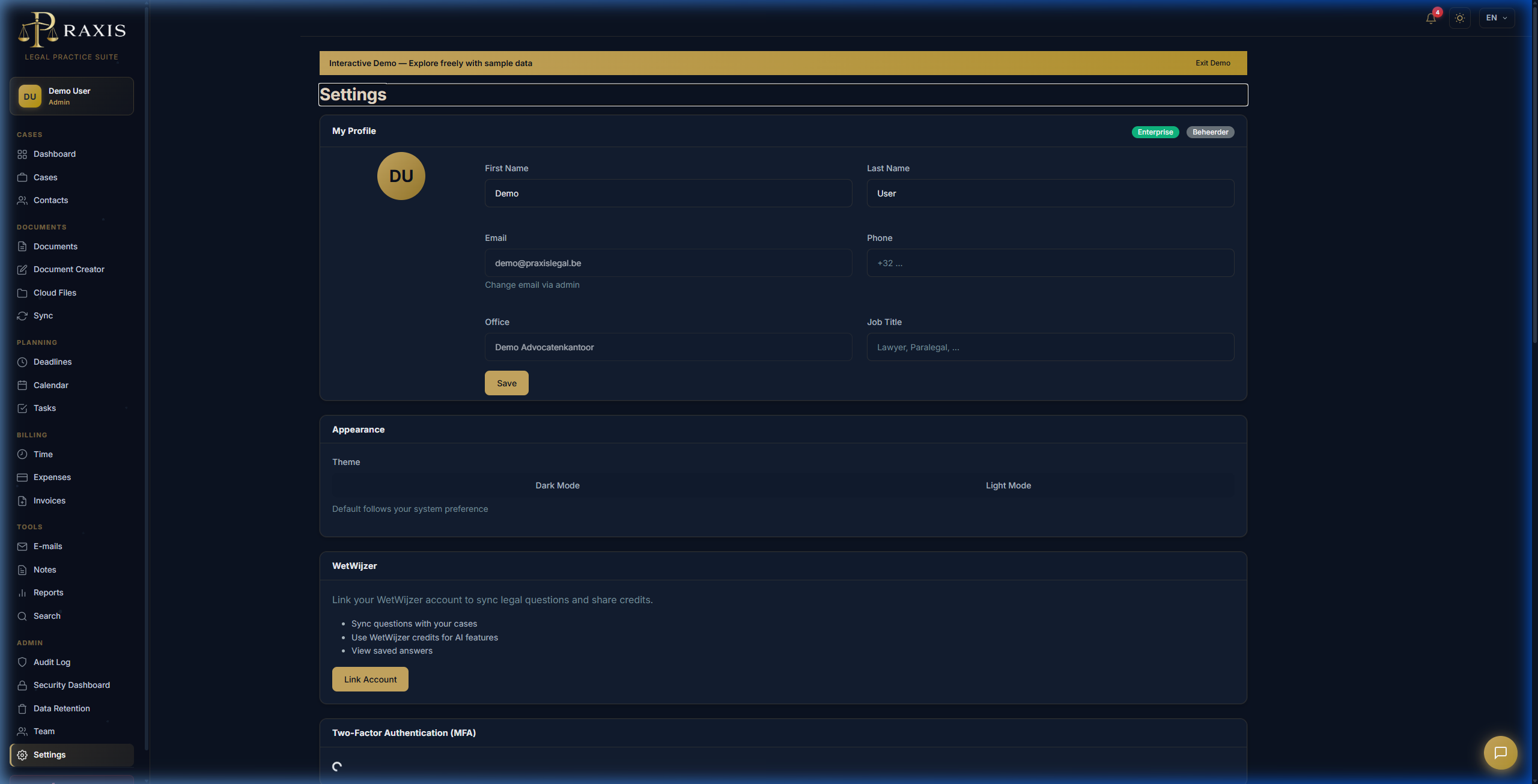 Settings page